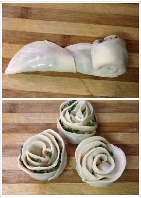 5.玫瑰造型的包法:
5d.再由一端往內捲，捲至尾端黏合，翻正即是一朵花型，也可稍加整理一下花瓣。(必要的話可於接合處抹上少許的水，以利黏合)。