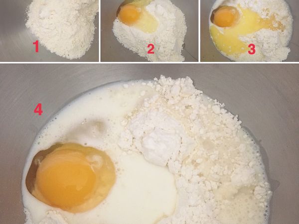把麵粉、雞蛋、牛奶、奶油跟小蘇打粉，放入盆裏，攪拌均勻