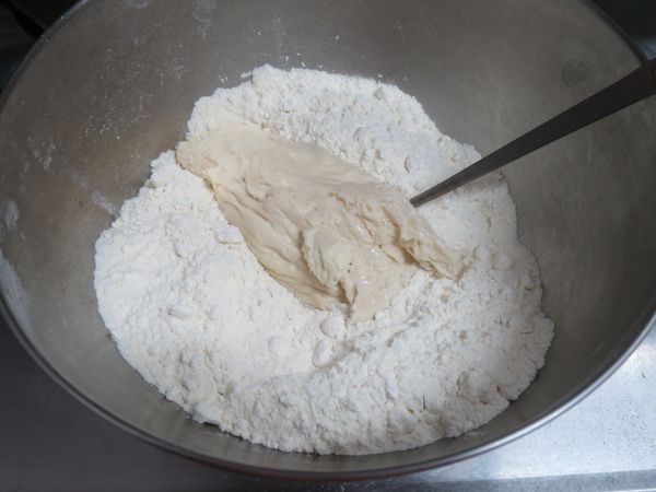 高筋麵粉+糖+鹽攪和均勻。+天然酵母麵糊+鮮奶攪拌均勻成糰。
(若是沒有天然酵母，請加2至3克的酵母粉)