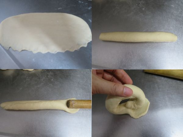 小麵糰桿平，一邊用手壓薄扁，這樣捲起來後，交接處比較黏且平整。
捲長條，一角邊壓薄平，把另一腳邊交接黏包住(反面交接)。