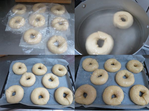 第二次發酵30分鐘後，煮滾糖水。鍋大一次可以放2個下鍋(正面先朝下煮)，一面煮30秒，翻面煮30秒。有洞的勺子撈起，放在鋪有不沾烘焙紙的烤盤上，整齊有間隔的排列著。表面抹薄蛋液，灑上白芝麻。準備煮糖水之前就可以開始預熱烤箱(210度)。