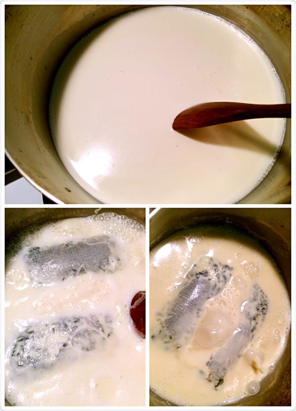 將材料加在一起，放入茶袋及茶汁一起放入鍋子煮。
來回翻茶袋，到水分蒸發1/3後將茶袋撈起來。