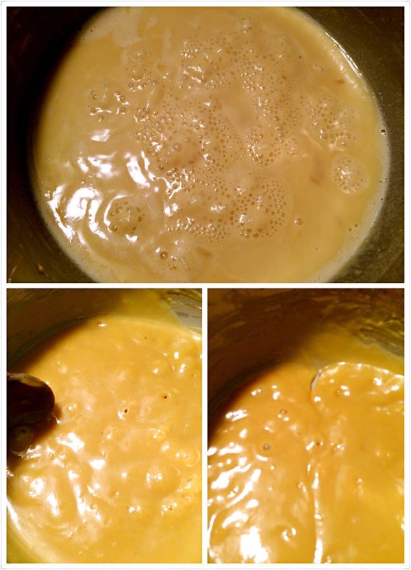 茶袋取出後用中微火繼續煮，水分蒸發到撥開可見到鍋子底部即可關火。