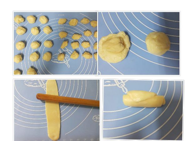 將油皮與油酥的食材分別拌勻揉成團後靜置20分鐘
油皮分割每個15克，酥皮分割每個10克
油皮包入油酥
揉圓擀平成長橢圓形利用掌心捲起
此動作重覆2次後靜置15-20分鐘