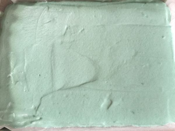 將麵糊與蛋白分兩次融合，烤盤鋪上烤盤紙倒入拌好的麵糊，利用刮板刮平（動作要輕）。
進入烤箱前將烤盤輕摔兩下，送入烤箱中層（180/150）烤25分。