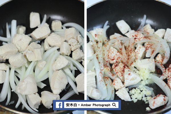 平底鍋，倒入2小匙橄欖油，放入洋蔥絲、雞丁，開小火，蓋上鍋蓋悶煮5~7分鐘，讓洋蔥的甜味釋放出來(左圖)。加入蒜末、適量匈牙利紅辣粉，攪拌一會拌勻(右圖)。