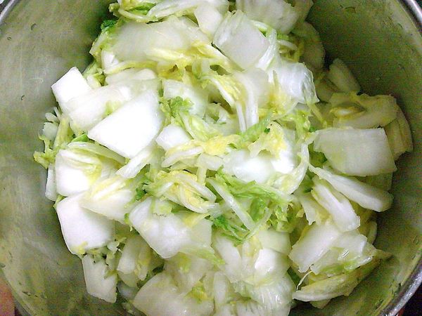 大白菜切塊洗淨瀝乾水分，加入鹽用手抓一抓混合均勻，靜置2~3小時軟化出水後瀝去水分。