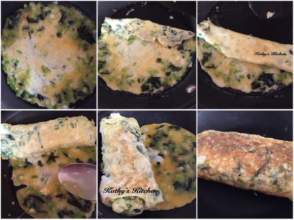 如圖示，依序⋯煎好的蛋皮以煎鏟慢慢地捲起，捲起後再倒蛋液、繼續捲。如此重複，四層蛋捲的動作。