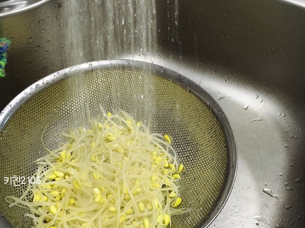 煮滾的黃豆芽撈出，用冷水沖洗一下 水瀝乾