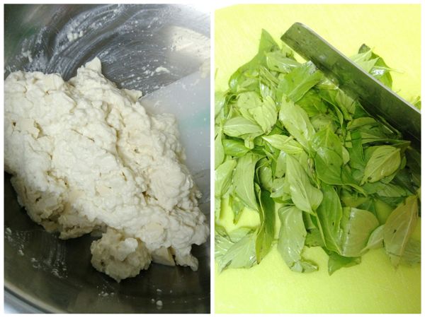豆腐洗淨用紙巾稍拭乾後壓成泥；九層塔葉切末。
