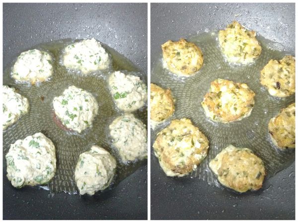 起油鍋，油熱至將筷子插入油中，筷子邊會有泡泡冒出時，用湯匙挖取適量的豆腐泥料放鍋中油煎，煎炸至二面都呈焦黃色後就可盛起放在廚房紙巾上吸油。