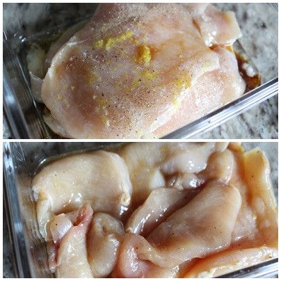 雞胸切薄一公分厚的薄片，用醃醬醃30分鐘(以上)