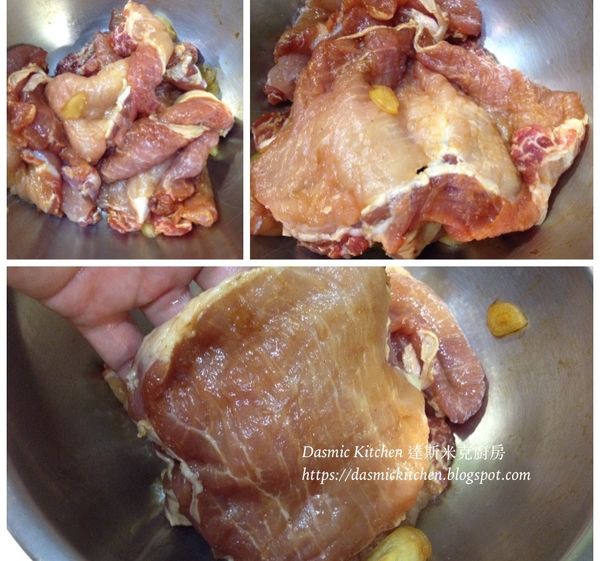 里肌肉片切'蝴蝶刀': 厚里肌肉片（大小約厚2cmx長10cmx寬6-7cm)中間橫切一半，但不切斷，展開如蝴蝶般。可以請熟識的肉攤老闆幫忙切開。