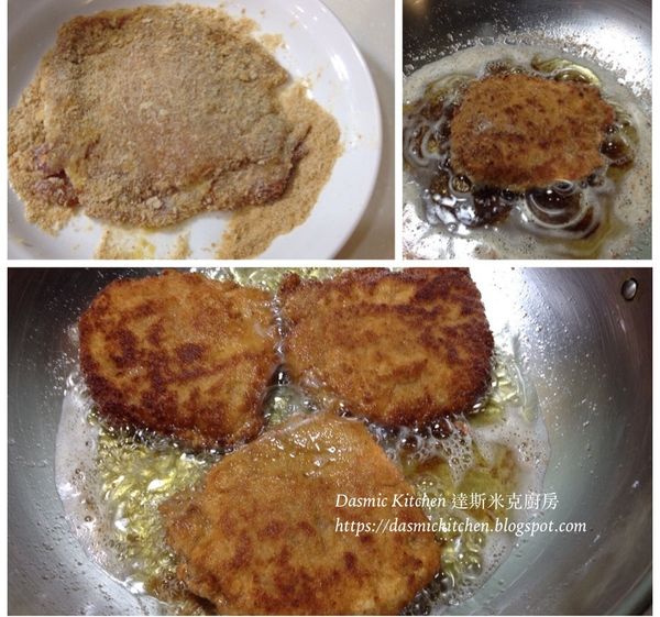 鍋中倒入適量的油以中小火燒熱；肉排放入，將兩面煎炸至金黃色即可 ( 兩面大約各煎炸1分鐘， 重複此步驟約3次直到兩面皆呈現金黃色，但是要隨時注意火候調整！！）