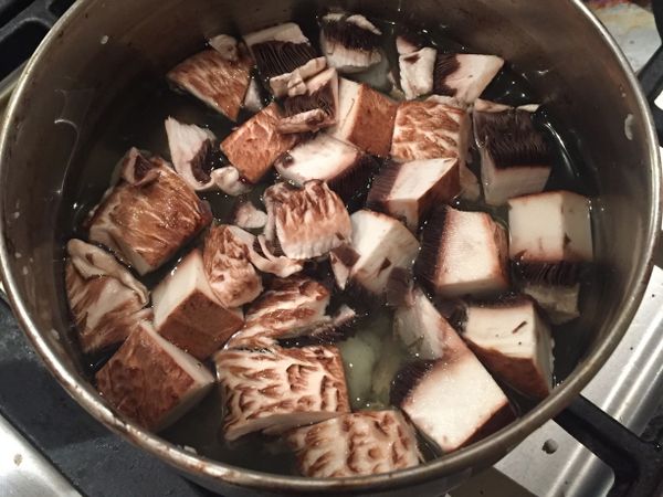 蘑菇切丁或切片，放入冷水煮沸，水剛蓋過蘑菇就好