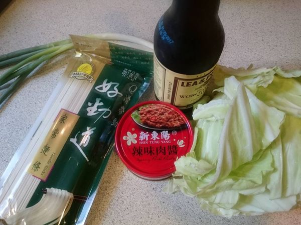 準備麵條,肉醬,菜與調味料...調味料可不加,或視自家口味調整...