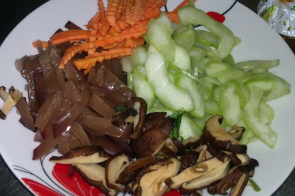 備料如右圖:(大黃瓜是醃好的,可以先用清水多沖洗幾遍沖掉它一些的鹹味)