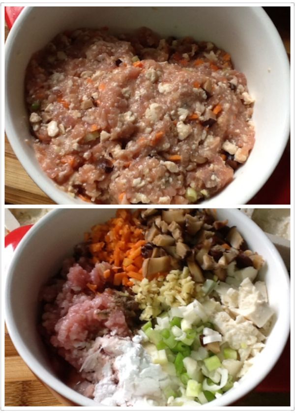 7.鑲肉製作:取一個大碗，將所有的[鑲肉食材]加入，並用手攪拌均勻，至有黏性。