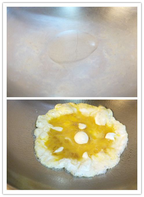 取一炒鍋，加一大匙油後加熱至油紋出現，倒入蛋液後炒到半熟後取出。