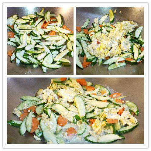 放入小黃瓜片炒個幾下後，隨即放入先前炒好的蛋一起炒個幾下。

  加一大匙水炒至收乾後，加點鹽調味，即可成盤上桌。

(加水可以幫助讓所有食材的味道都入味)