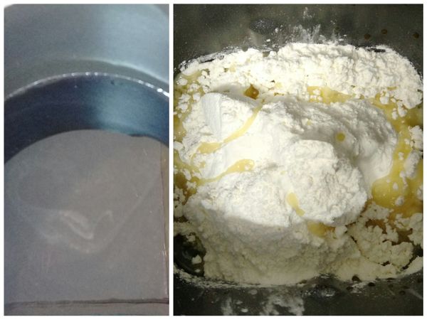 黑糖和熱水一起攪拌至黑糖融化放涼。麵包機容器內裝好做麵包的葉片，將材料和放涼的黑糖水放入（若用新鮮酵母要和食材份量內的水份，稍拌勻後先倒入容器內），選擇攪拌麵團的選項，攪拌１５分鐘至三光即可。