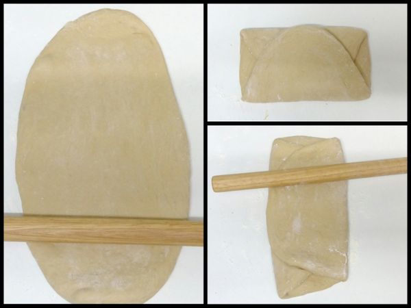 鬆弛醒好的麵團桿成長形後由短邊往中間三折起來，轉９０度再桿成長形。（即桿平後再三折，重覆３次。）