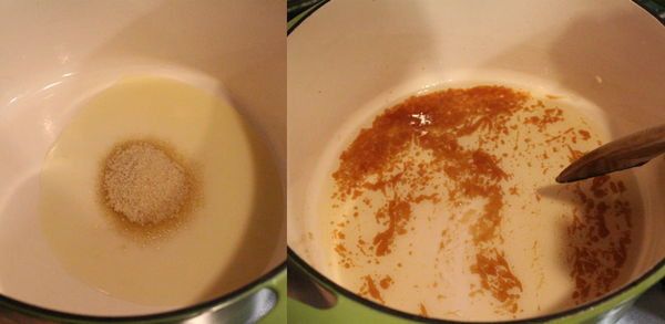 將橄欖油放入鍋內加熱，放入砂糖，將砂糖煮至焦糖化。