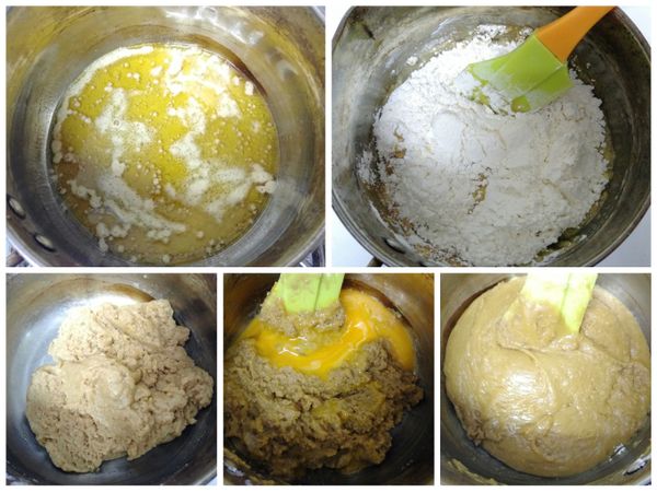 ＜製作[蛋黃糊](燙麵法)＞先將植物油和咖啡牛奶一起邊攪邊加熱至燙手就關火離爐，立刻加入低粉快速拌勻，然後再加入砂糖、蛋黃拌勻。