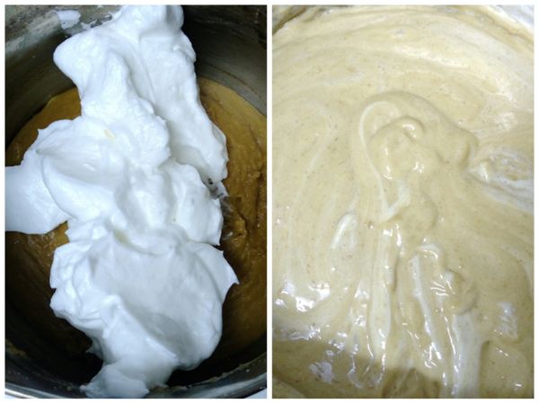 舀1/3份量的[蛋白霜]混入[蛋黃糊]中，用手持打蛋器攪拌均勻。