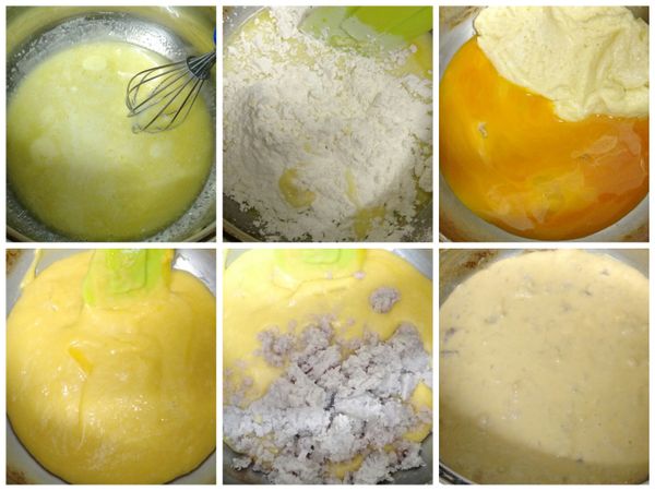 ＜製作[蛋黃糊](燙麵法)＞先將植物油和牛奶一起邊攪邊加熱至燙手就關火離爐，立刻加入低粉快速拌勻，然後再加入蛋液和芋泥拌勻。