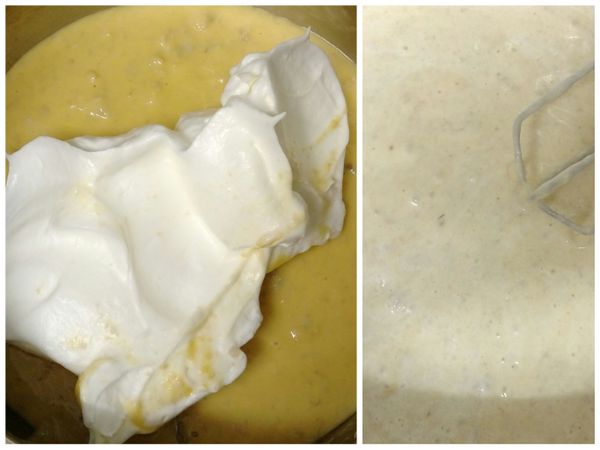 舀1/3份量的[蛋白霜]混入[蛋黃糊]中，用手持打蛋器攪拌均勻。