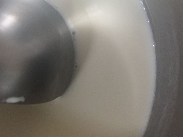 剩餘的牛奶加入鮮奶油、糖拌勻，移至瓦斯爐開小火加熱至鍋邊出現小泡泡熄火。