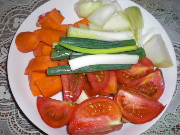 洋蔥.胡蘿蔔切丁.蕃茄切塊.蔥切段