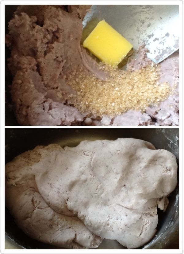 1.4.再加入奶油、糖攪拌均勻，鮮奶(慢慢加，攪拌均勻成糰即可，也可不加)。
  （芋頭可以留部份小顆粒，增加口感）