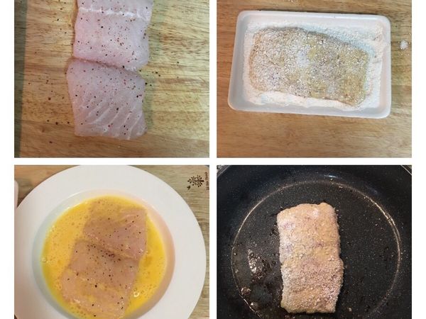 先用少許鹽和胡椒粉撒在魚的兩面，再兩面都沾上蛋液，接著再沾上粉。略等半分鐘，讓粉回潮後，鍋內下橄欖油，中小火煎到兩面都呈金黃色即可。
「回潮」指讓原本白白的粉略透出蛋色。