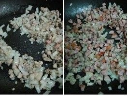 豬肉末撥至一旁,用煸出的油炒香洋蔥丁,至洋蔥呈現半透明狀