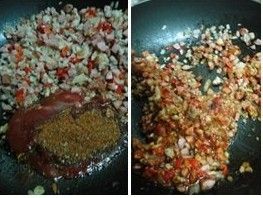 拌炒均勻後將食材撥至鍋邊,倒入蕃茄醬及香草鹽,以劃圓的方式炒出香味,再將調味料及食材丁拌炒均勻