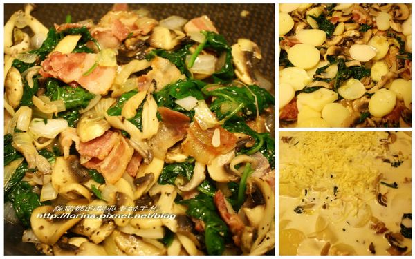 製作醬汁：將醬汁所有材料攪拌均勻。接著將瀝乾水份的內餡均勻的放入烤好的派皮中，倒入醬汁後鋪上鹹派用起司絲