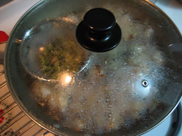 把油塊倒進鍋內，壓散，蓋鍋蓋，開中大火。待下層出油變色，再隔著蓋子用工具上下翻動，待沒有生肉後放入切好的蔥末（裝網內），或直接放入兩根蔥。蔥要碰到油！去腥！