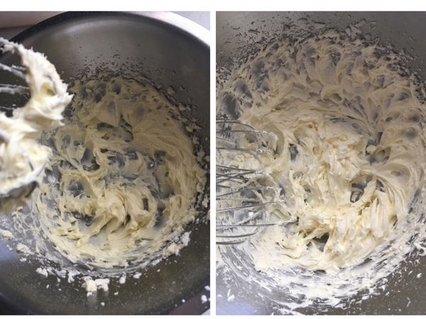 先把糖粉和奶油輕輕的拌勻一起再打發，這樣糖粉不會因為打發而飛出盤外。奶油打發到兩倍大蓬鬆奶白如圖
