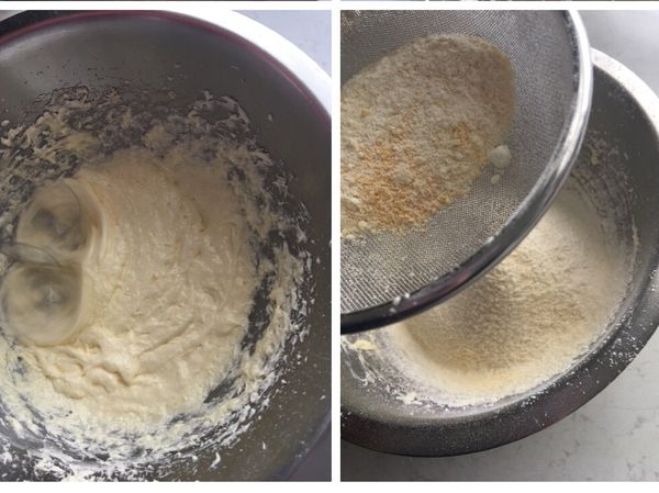 把雞蛋加入打發好的奶油裡面用自動打蛋器攪拌均勻後（如果出現豆腐渣的現象是正常的，因為雞蛋溫度與奶油溫度不一樣）把所有粉類過篩拌入攪拌均勻。