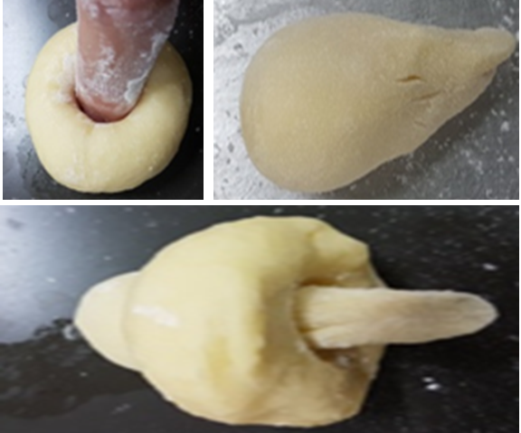 將20g麵糰(大)中央用手指壓出洞約２公分大小，再把10g麵糰（小）搓成水滴狀(頭大尾尖)後，尖端部分穿過大麵糰。