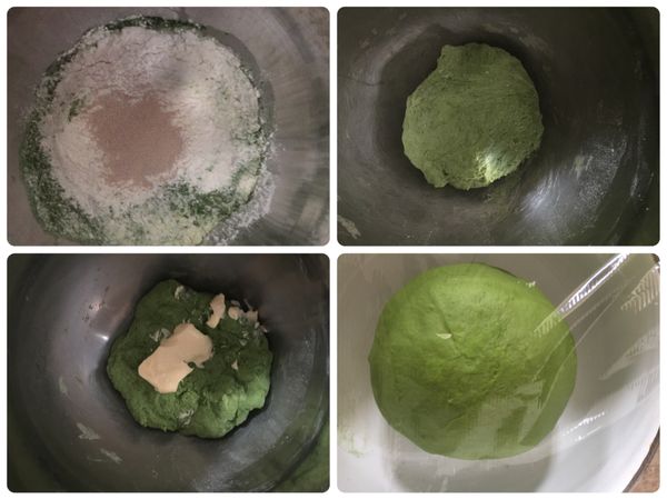 先打麵團，除了奶油外全部放入攪拌缸打至成團加入奶油打至不黏手、光滑的麵團。可頌不需有薄膜，蓋上保鮮膜鬆弛15～20分。