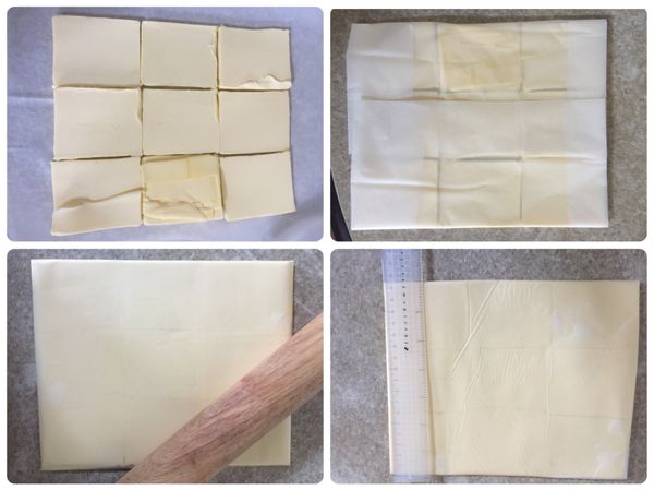 裹入油，將無鹽奶油切成小片（我切9片）。放在油紙上蓋好桿成完整無縫的片狀。
