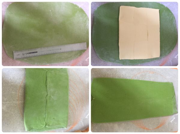 將鬆弛好的麵團桿開長度需為裹入油的兩倍長，寬度同寬即可。放入裹入油麵團兩邊對折轉90度再次桿成長約30公分的片狀