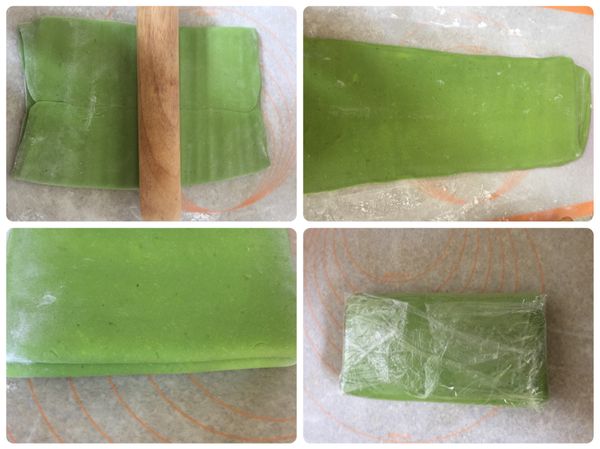 30分鐘後取出麵團，用桿麵棍從中間按壓至整片麵團都按壓後再開始桿，這樣麵團桿起來比較輕鬆、勻稱。重複第四步驟，這次移入冷藏鬆弛30～40分鍾。含第四步驟共4次。