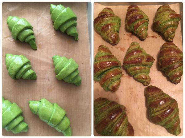 第一次抹完全蛋液進入發酵箱發酵2.5小時，溫度不可到達30度會出油，所以我只是擺進去放著。2.5小時後抹上第二次蛋液，烤箱上火180/下火170烤20～25分。