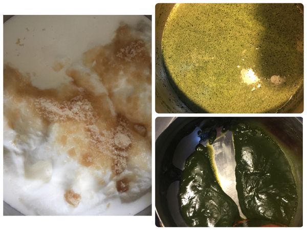 抹茶餡
全部材料倒入有手把的鍋裡移至爐火上全程小火，需不時攪拌，約30分鐘，煮至稠狀像煉乳的軟度，放涼後會更黏稠。
我是將可頌從中間切開再抹上去吃的。
我的配方甜度較低，抹茶味較濃，喜歡甜的可以加至80克的糖。