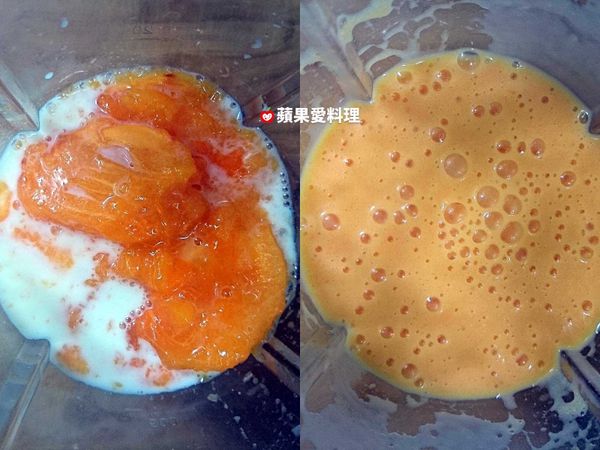 放入果汁機，倒入牛奶，打勻（這時是好香好濃好好喝的甜杮牛奶哦）。