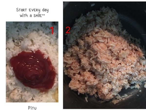 剩飯中直接放入2-3湯匙蕃茄醬,鹽1/2茶匙,黑胡椒粉少許,拌勻備用.